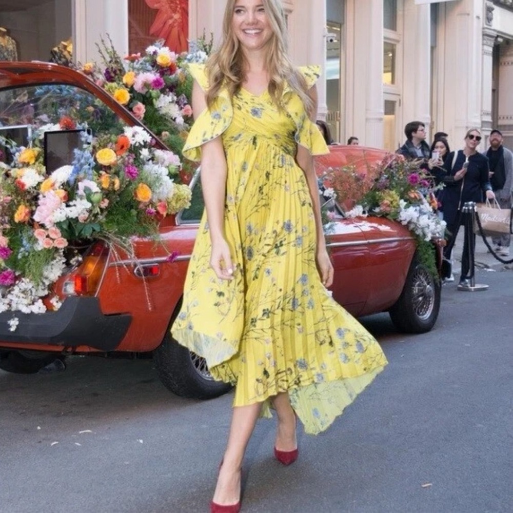 Self-Portrait Yellow Floral Asymmetrical Midi Dress